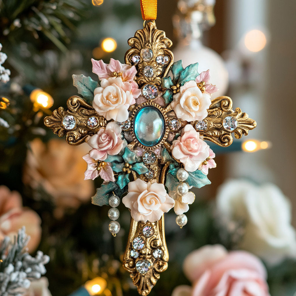 Holiday Floral Cross CW1012030CL Christmas Ornament