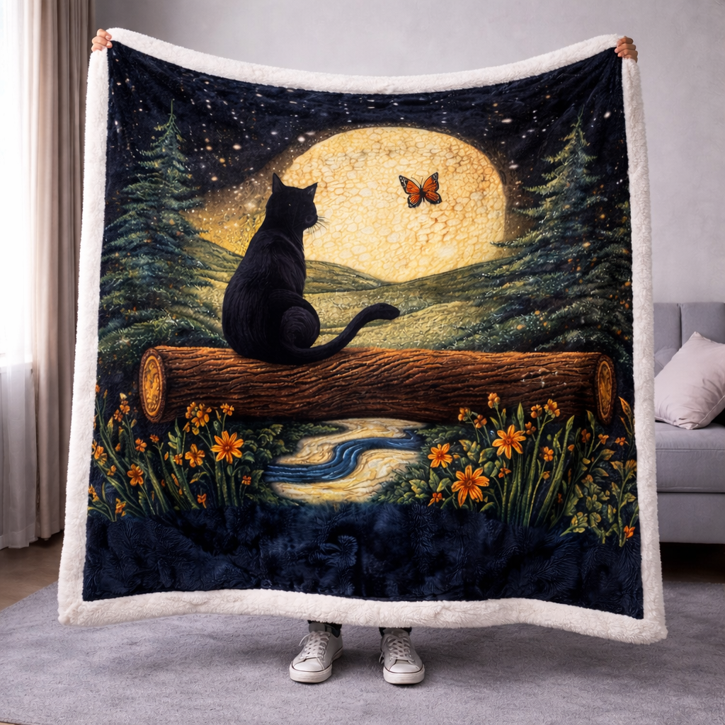 Cat Watching Moon QA3001006CL Faux Fur Throw Blanket