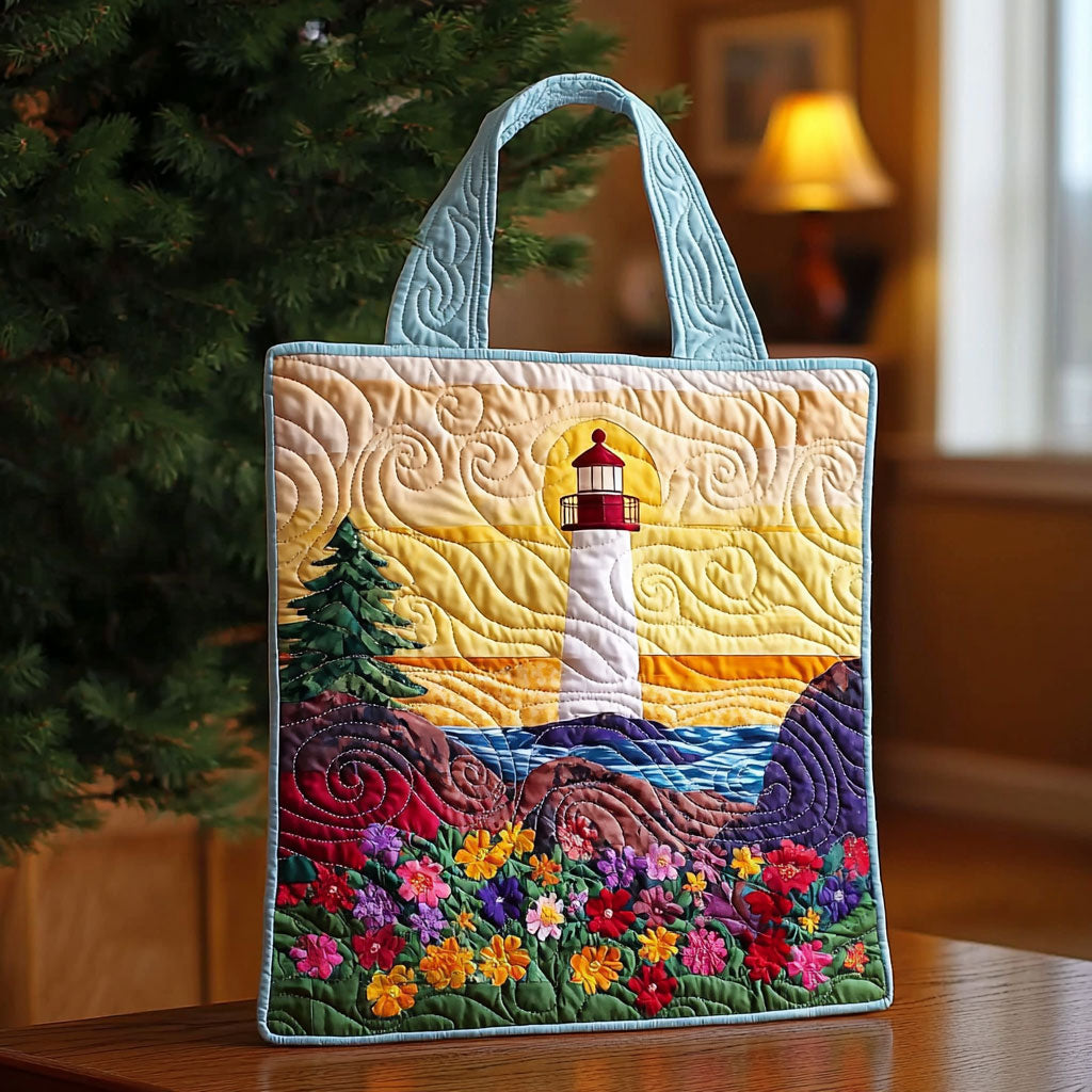 Lighthouse And Flower Field QA0712050CL Quilted Tote Bag