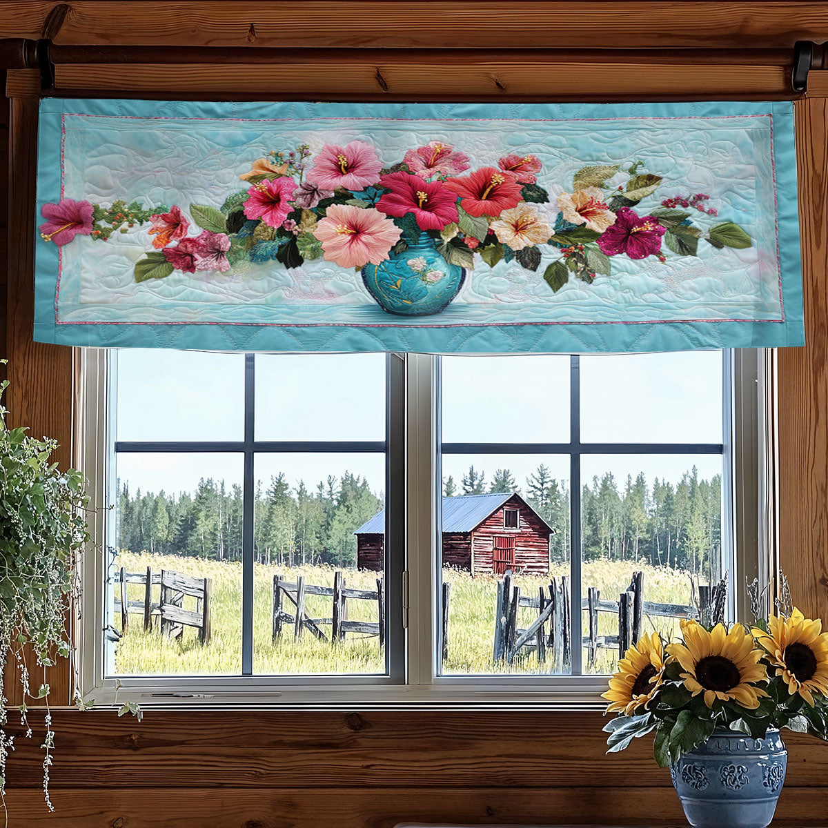 Turquoise Hibiscus WN1906051CL Quilted Valance