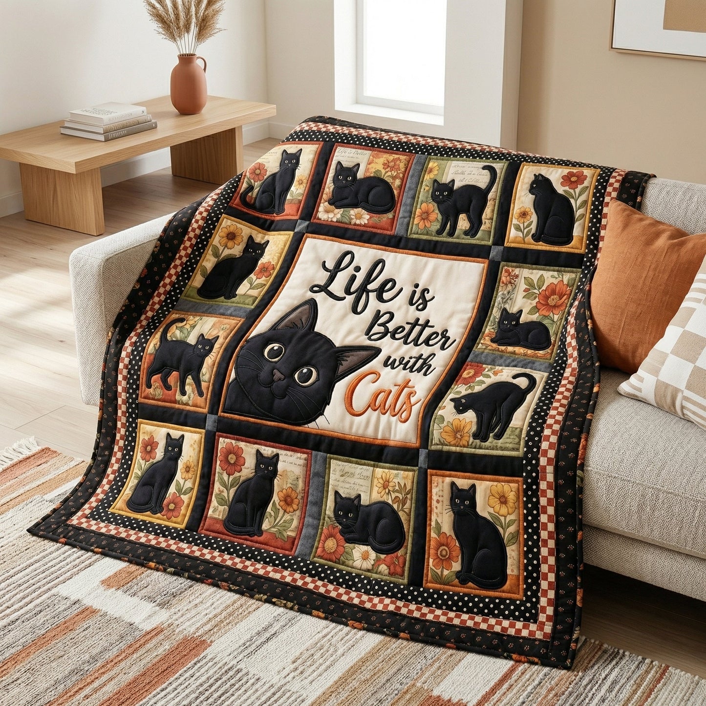 Black Cat Life Is Better With Cats XR0204005CL Quilt Blanket