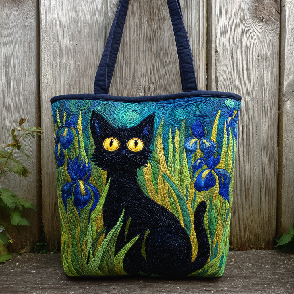 Blue Iris And Black Cat XR0501001CL Quilted Tote Bag