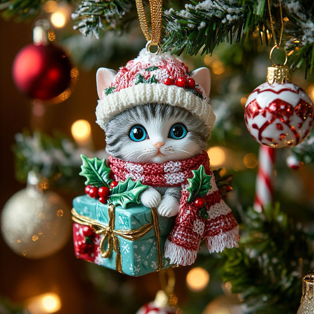 Cozy Present Cat CW2210029CL Christmas Ornament