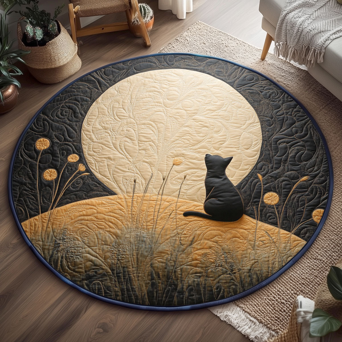 Moon Night Cat WJ1301134CL Quilted Round Mat