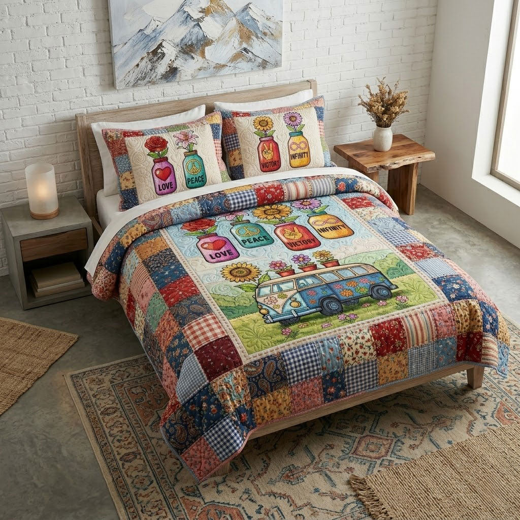 Hippie Love Peace Vintage Van Patchwork WN0304004CL Duvet Cover Set