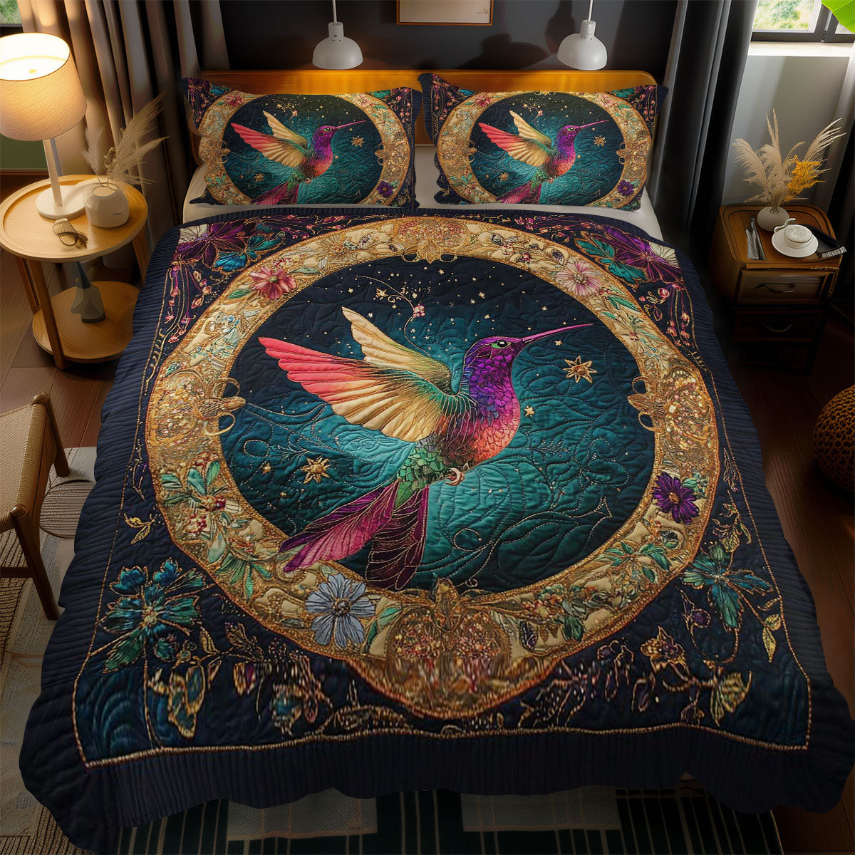 Golden Hummingbird Circle WN2101035CL Duvet Cover Set