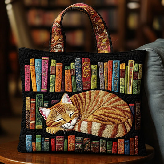 Sleeping Cat And Books XR1111001CL Quilted Tote Bag