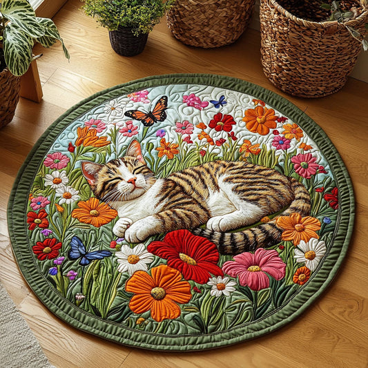 Sleeping Cat In Garden QA1012006CL Quilted Round Mat