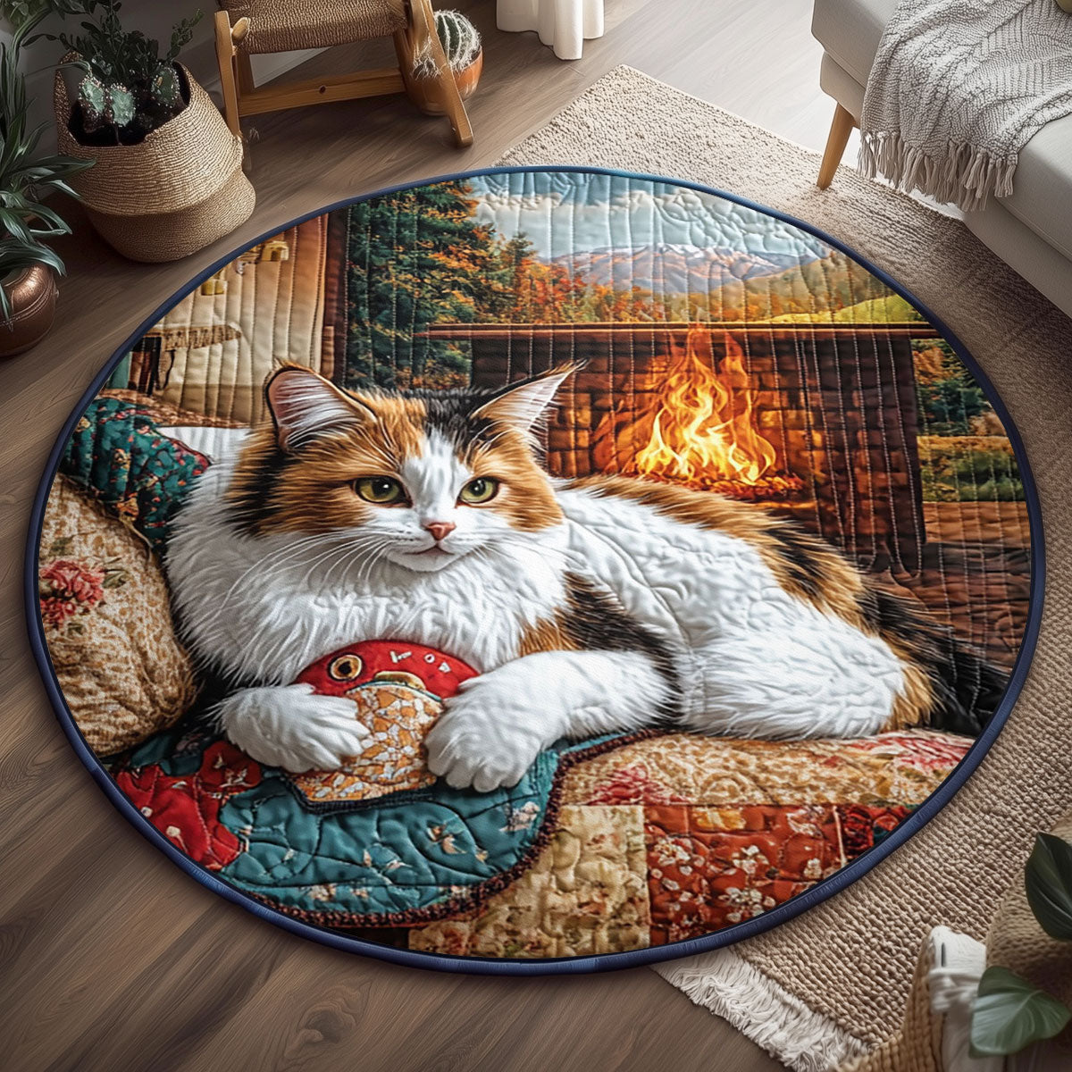 Cozy Cabin Cat WJ1606042CL Quilted Round Mat