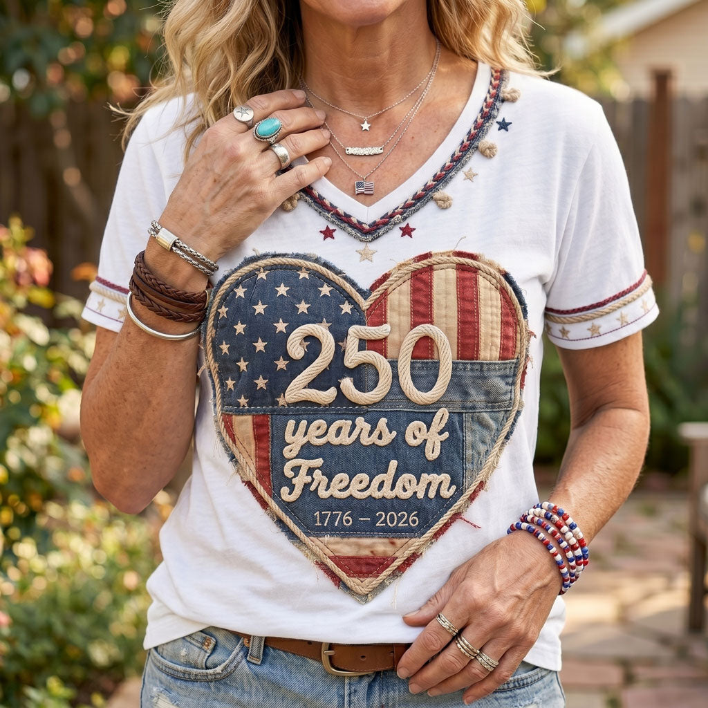 250 Years Of Freedom Patriotic Heart WN2906001CL V-Neck T-Shirt