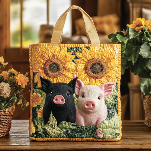 Pig and Sunflower  KL0412023CL Quilted Tote Bag