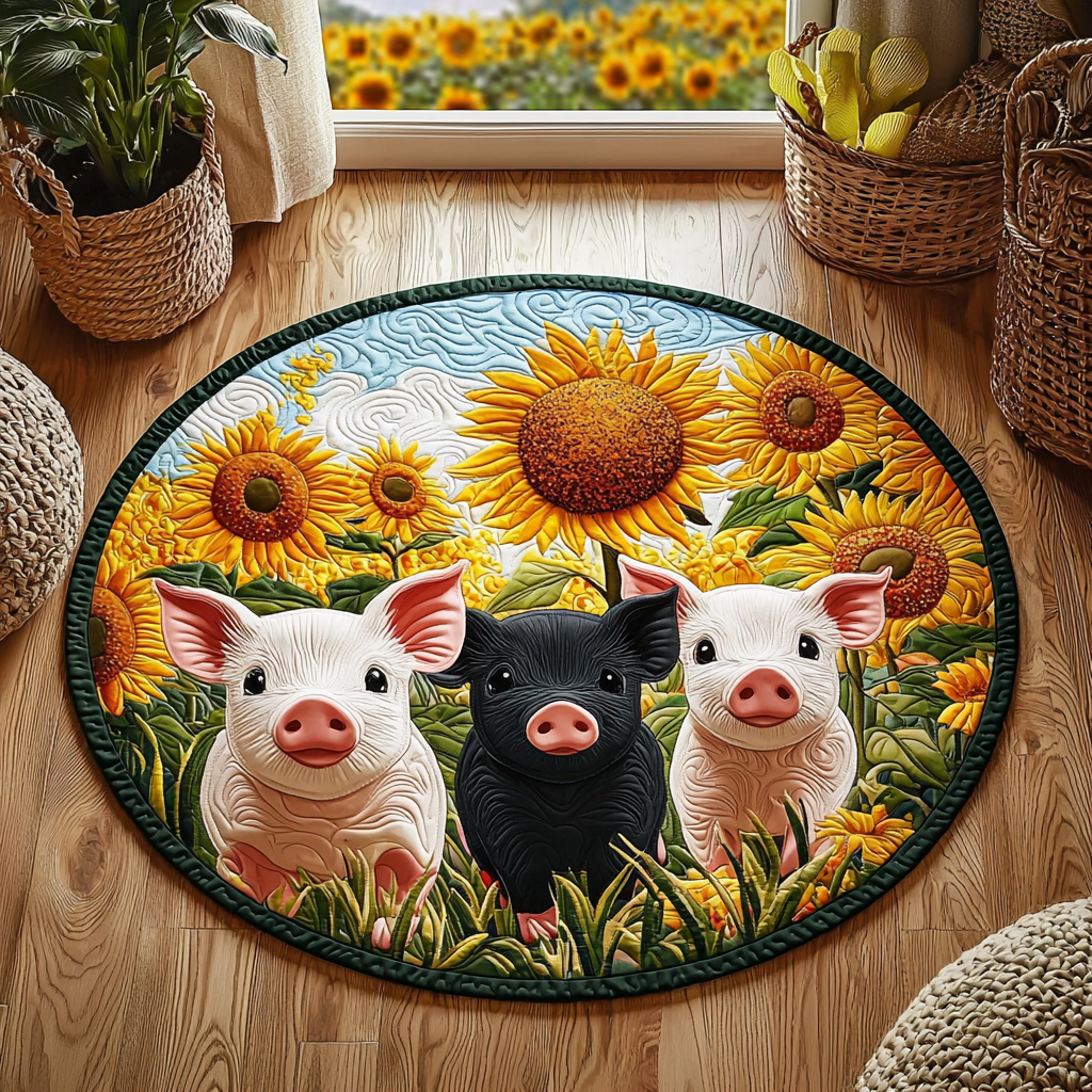 Pigs In Sunflower Garden QA0412024CL Quilted Round Mat
