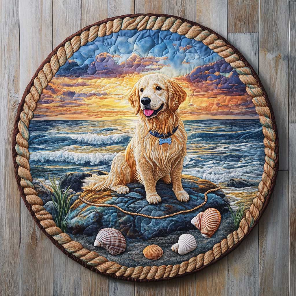 Beach Golden Retriever WN2404033CL Quilted Round Mat