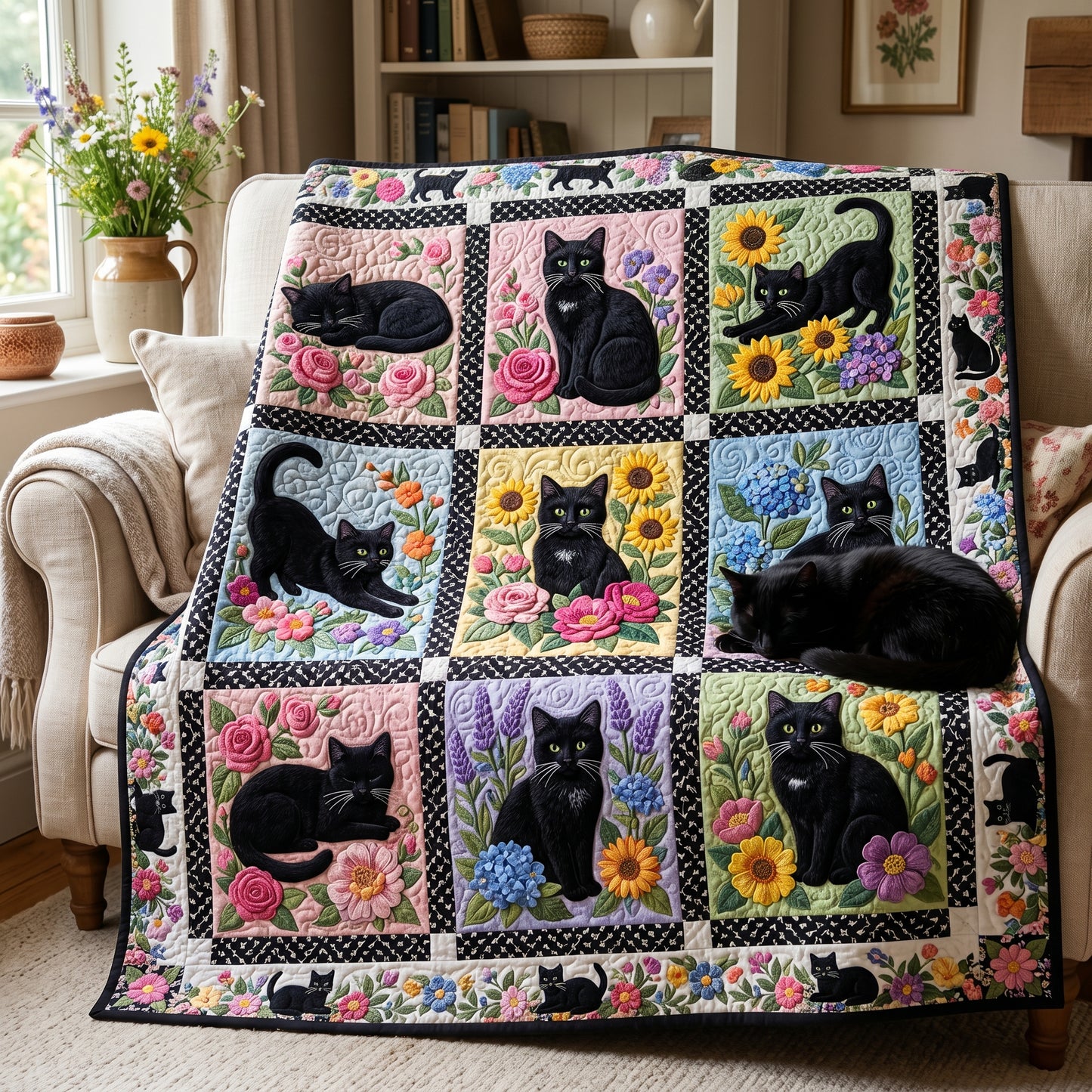 Floral Black Cat XR0405007CL Quilt