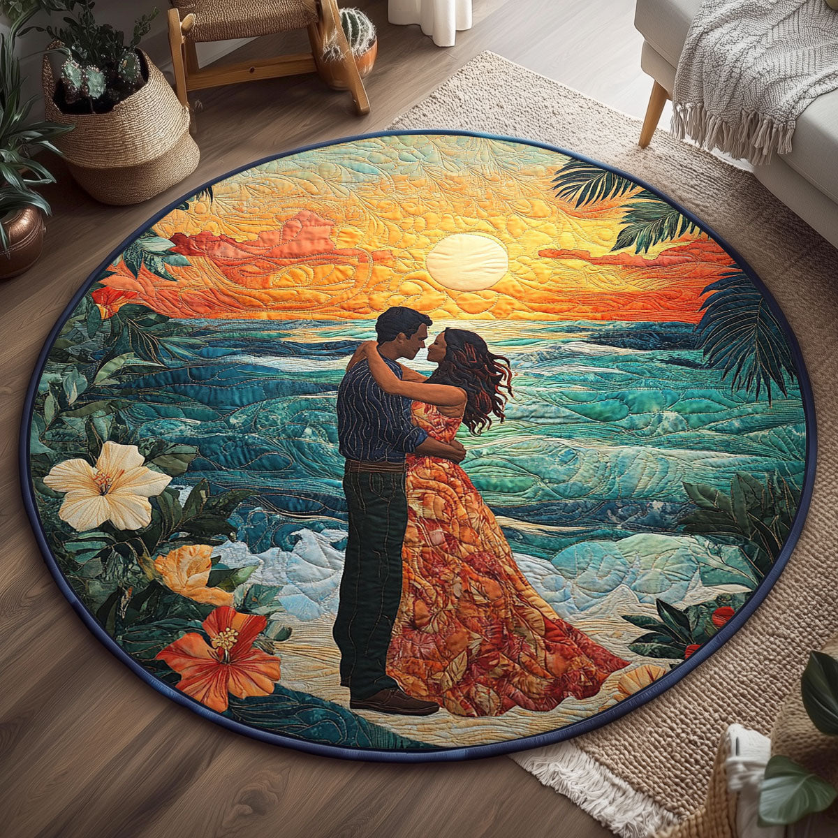 Romantic Sunset Couple WJ0107039CL Quilted Round Mat
