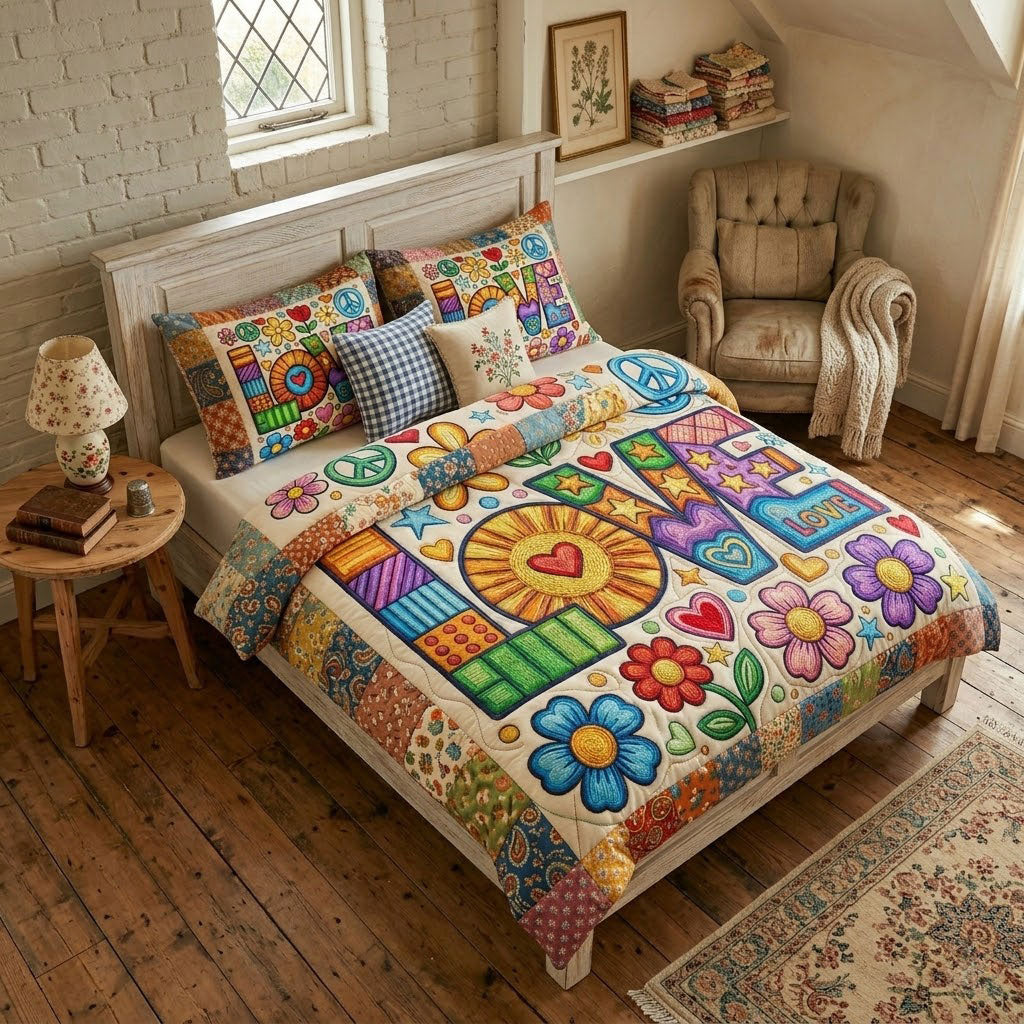 Colorful Boho Peace & Love Patchwork WN0304002CL Duvet Cover Set