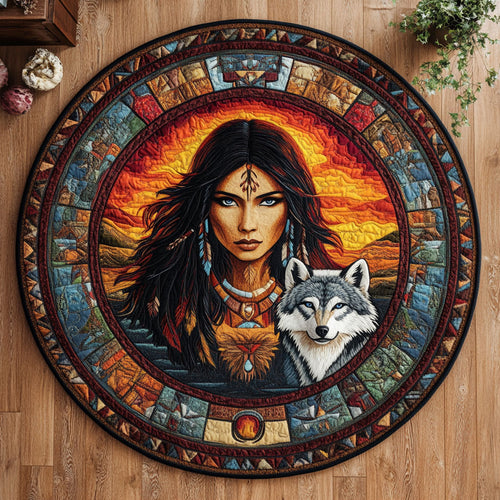 Fire Sky Wolf And Woman WN0908033CL Quilted Round Mat