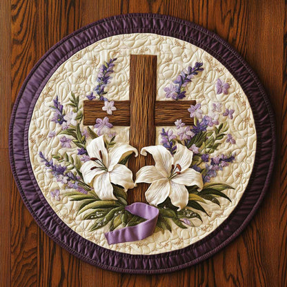 Purple Ribbon Cross WN0904026CL Quilted Round Mat
