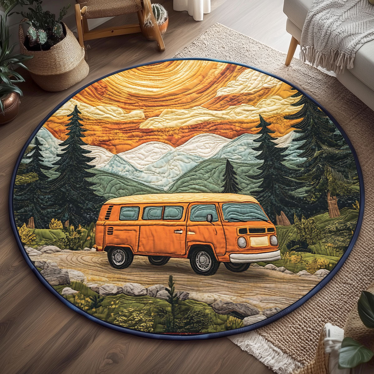 Retro Forest Ride WJ0404044CL Quilted Round Mat