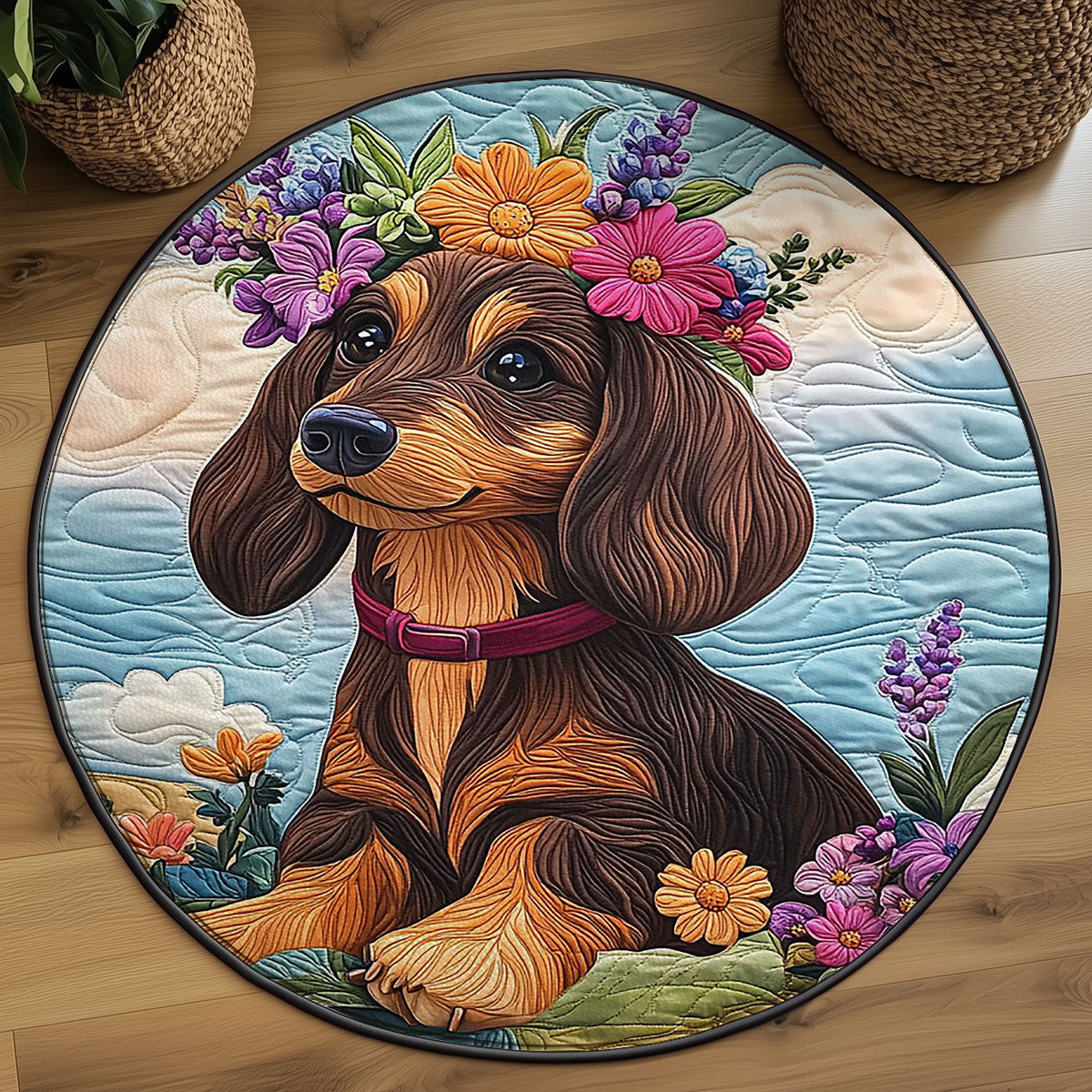Floral Sausage Pup WJ1306041CL Quilted Round Mat