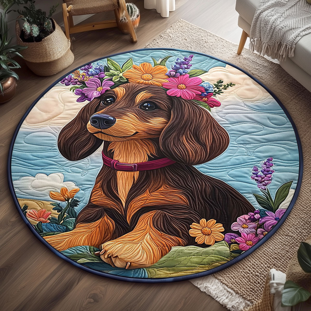 Floral Sausage Pup WJ1306041CL Quilted Round Mat