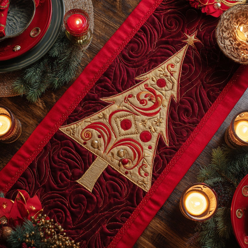Golden Christmas Tree XR1210004CL Quilted Table Runner