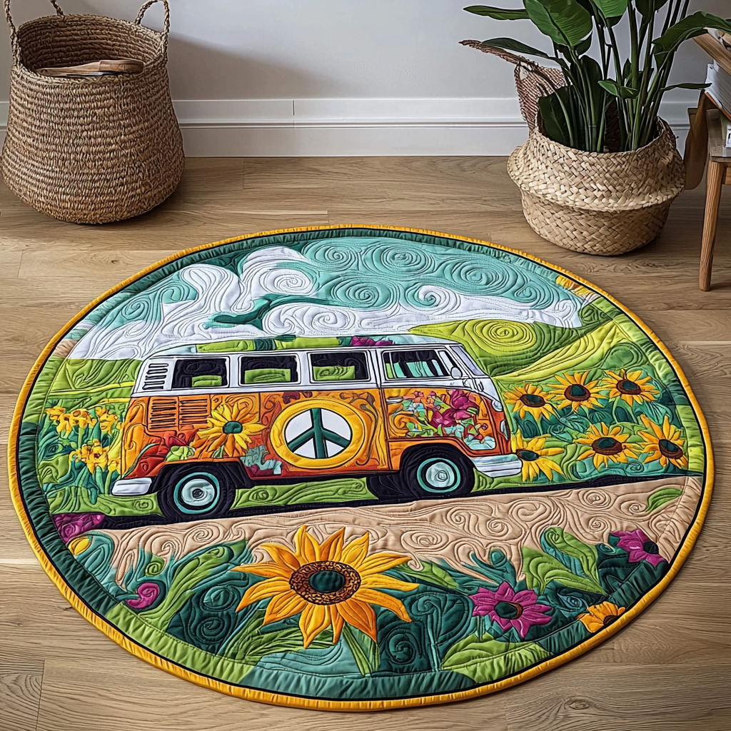 Sunflower Hippie Camper Van QA1412006CL Quilted Round Mat