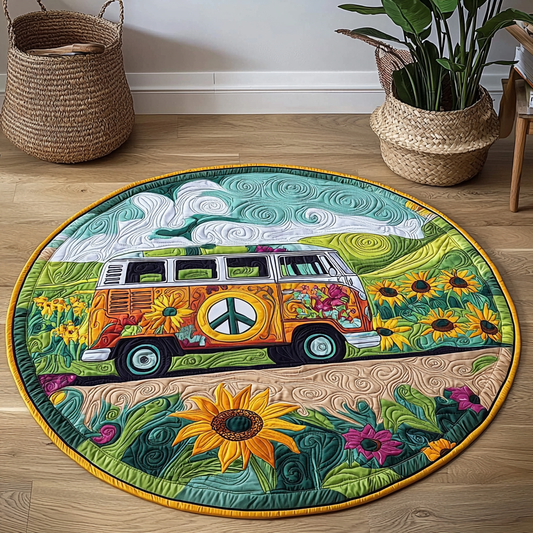 Sunflower Hippie Camper Van QA1412006CL Quilted Round Mat