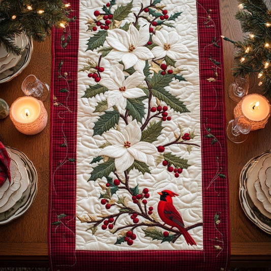 White Poinsettia And Carrdinal XR1210017CL Quilted Table Runner