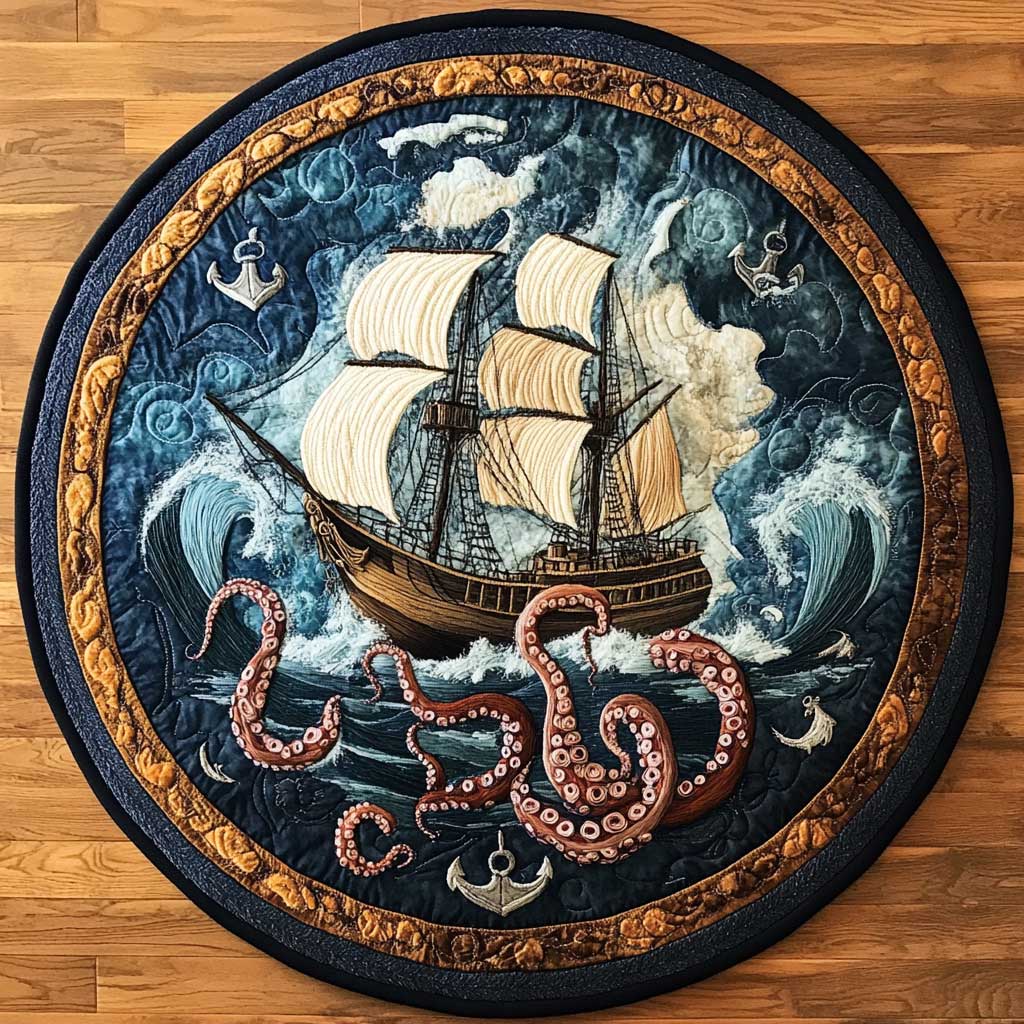 Vintage Ship And Tentacles WN0805096CL Quilted Round Mat