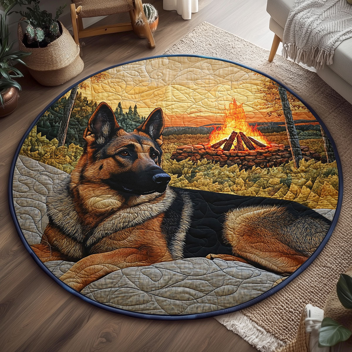 Fire Pit German Shepherd WJ0804028CL Quilted Round Mat