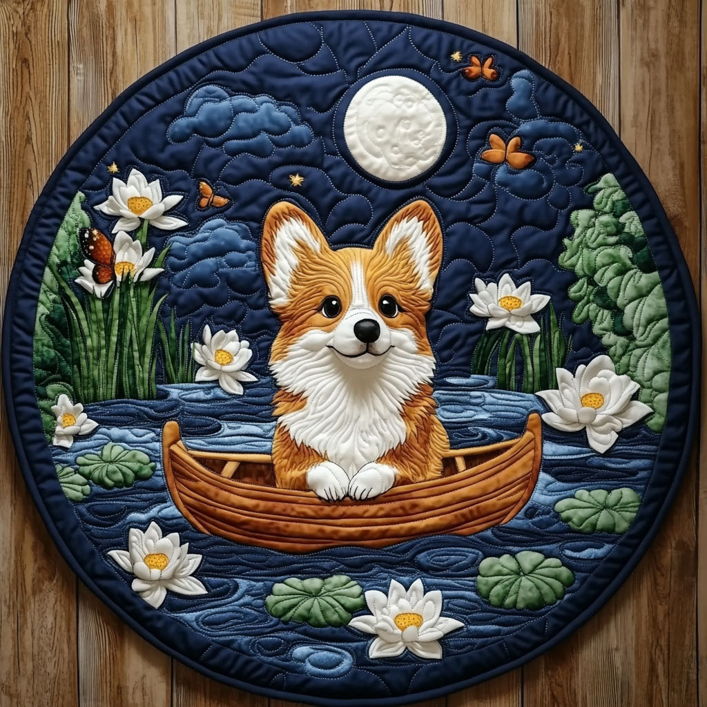 Corgi Under the Moon Lotus KL0901035CL Quilted Round Mat