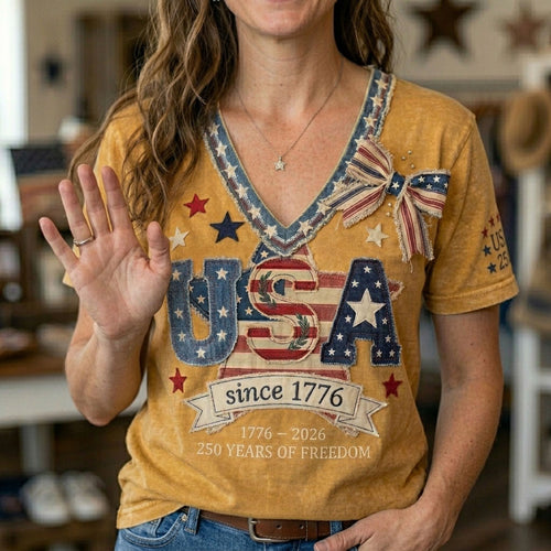 Vintage USA 250th Anniversary Patchwork WN2906005CL V-Neck T-Shirt