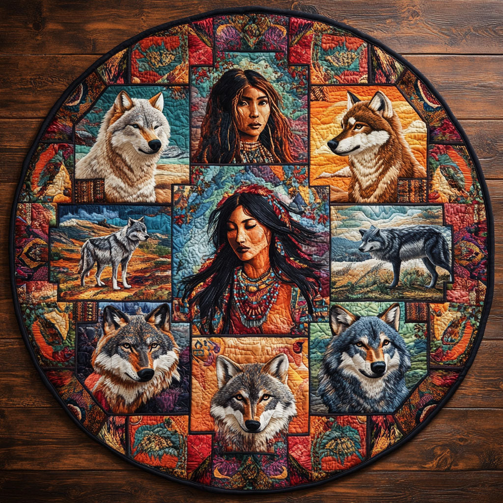 Blue Gaze Wolf And Woman WN0908007CL Quilted Round Mat