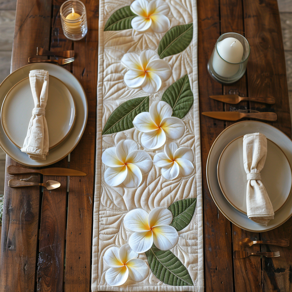 White Plumeria Flowers XR2104001CL Quilted Table Runner
