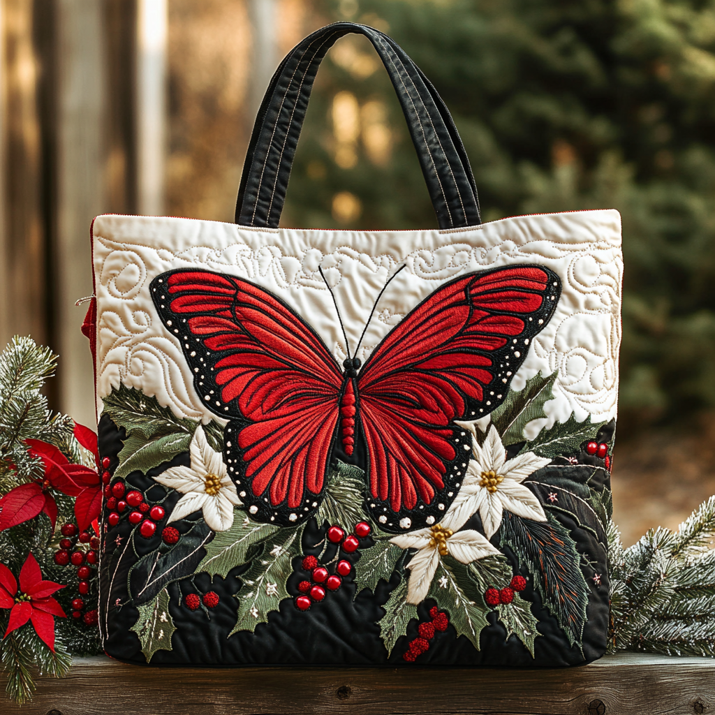 Red Christmas Butterfly XR0212021CL Quilted Tote Bag