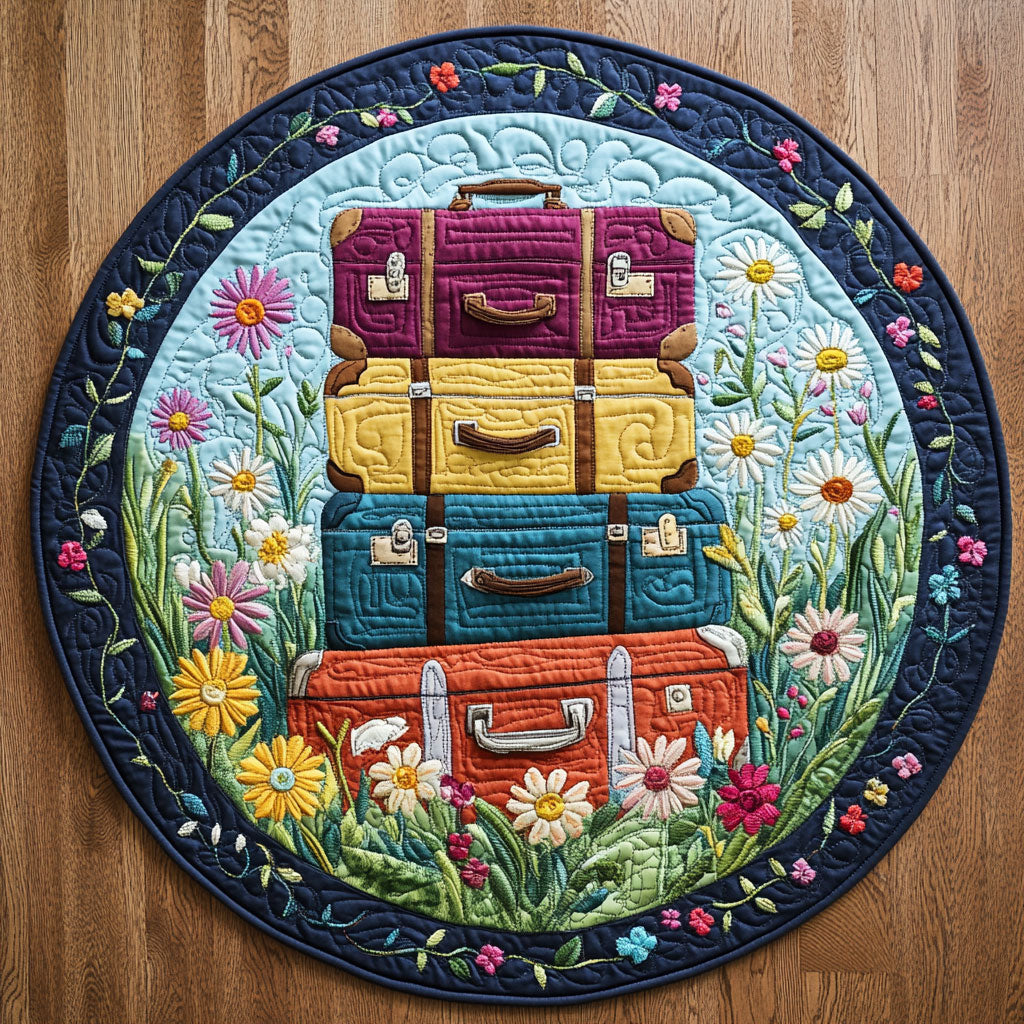 Vintage Suitcase Bloom WN0408077CL Quilted Round Mat