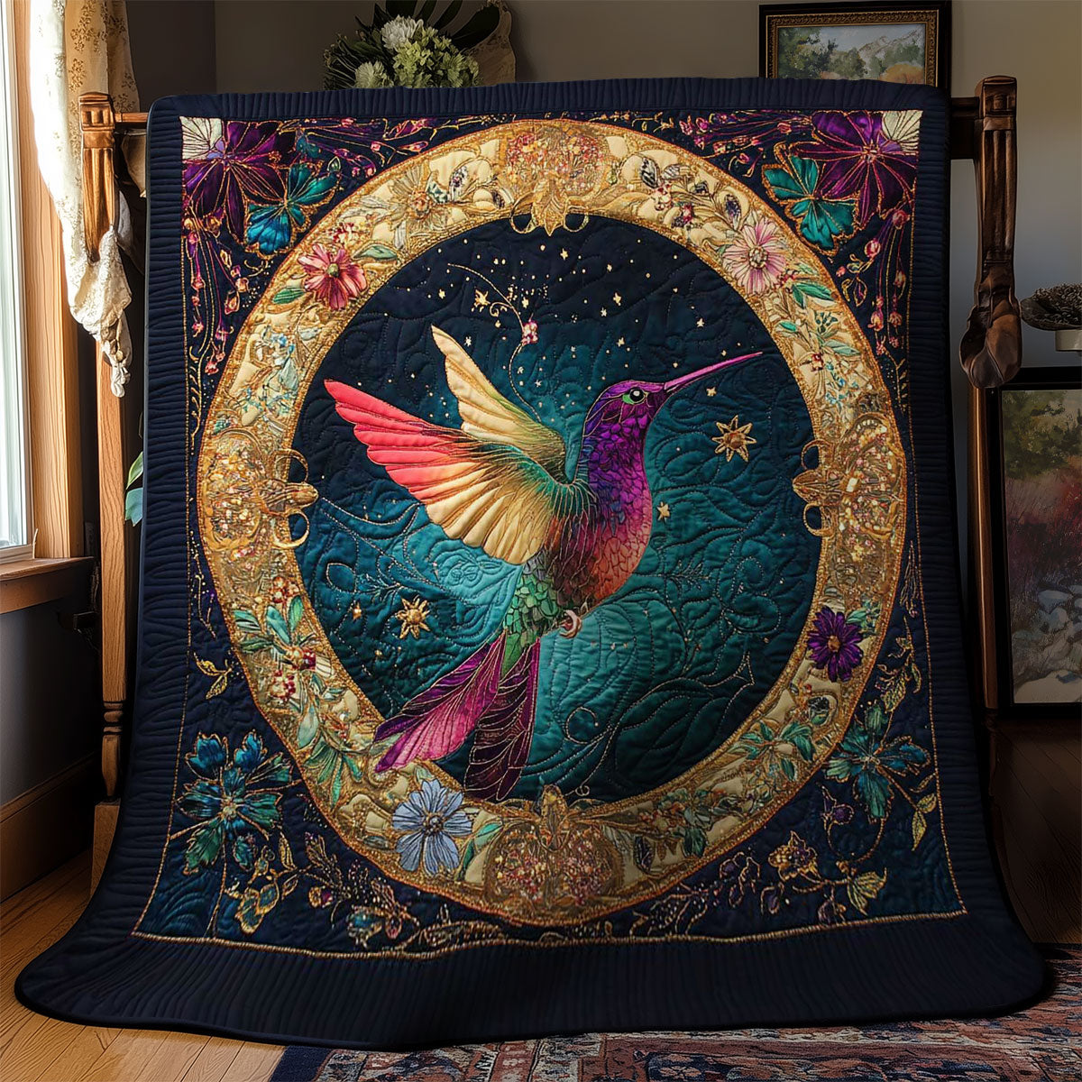 Golden Hummingbird Circle WN2001023CL Quilt