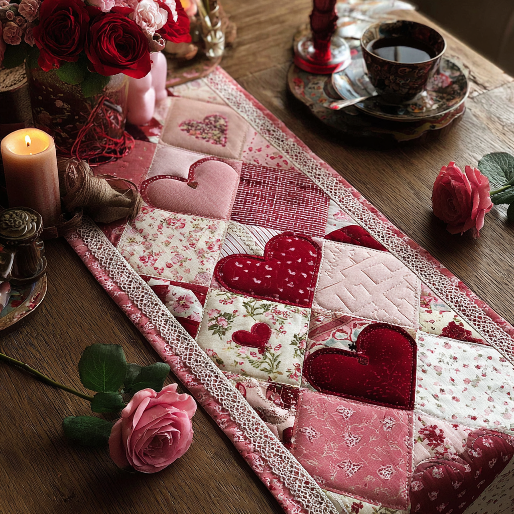 Heart Patchwork XR1201037CL Quilted Table Runner