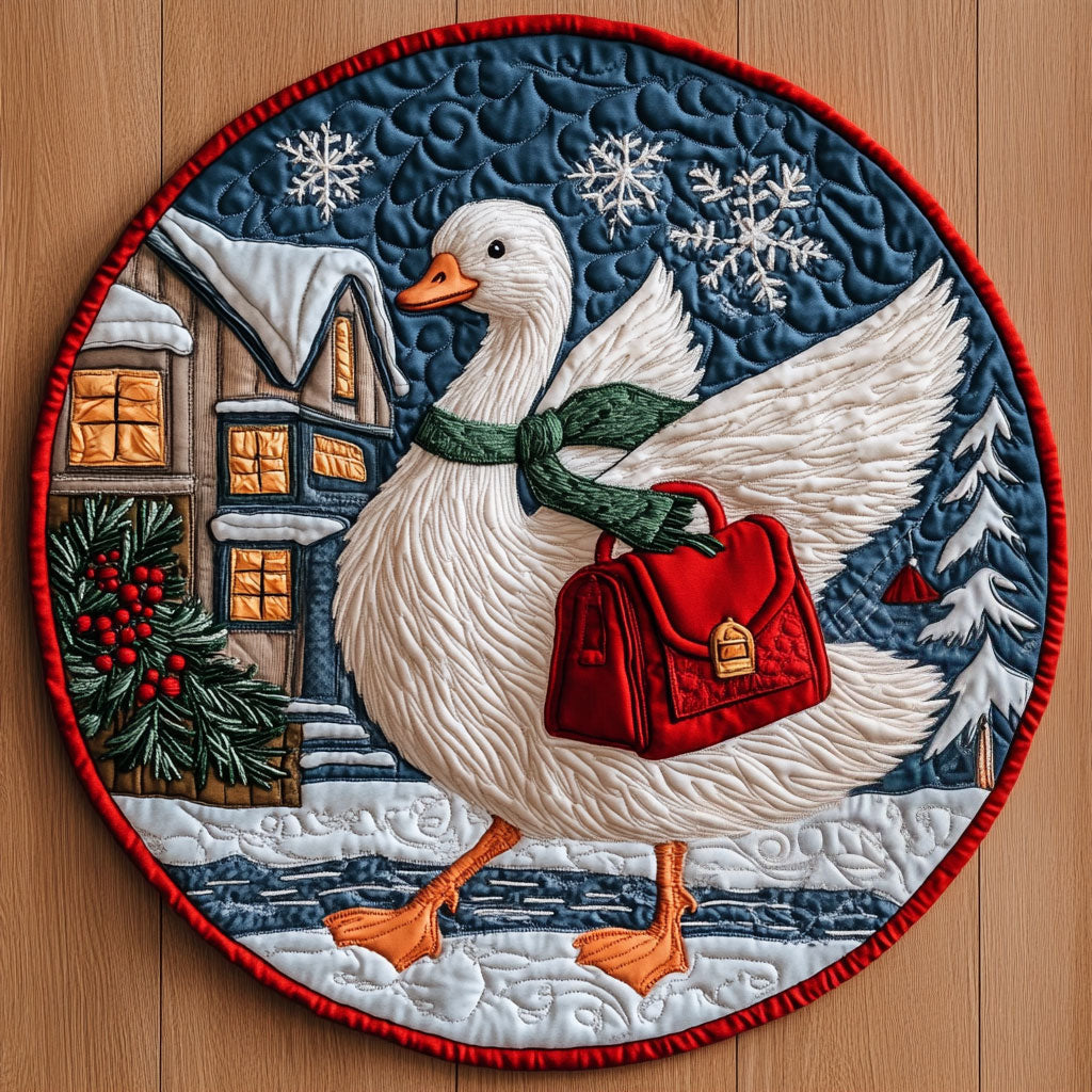 Whimsical Goose Strolling on a Winter Day XK0311003CL Quilted Round Mat