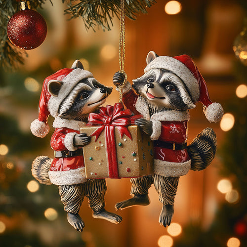 Raccoons Sharing Present LT2110016CL Christmas Ornament