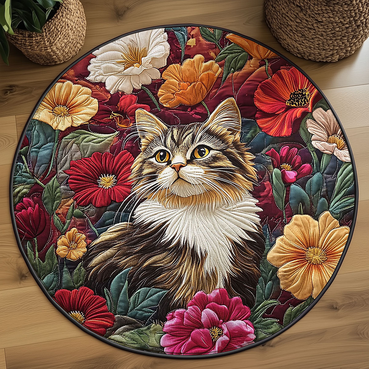 Botanical Beauty Cat WJ0907039CL Quilted Round Mat