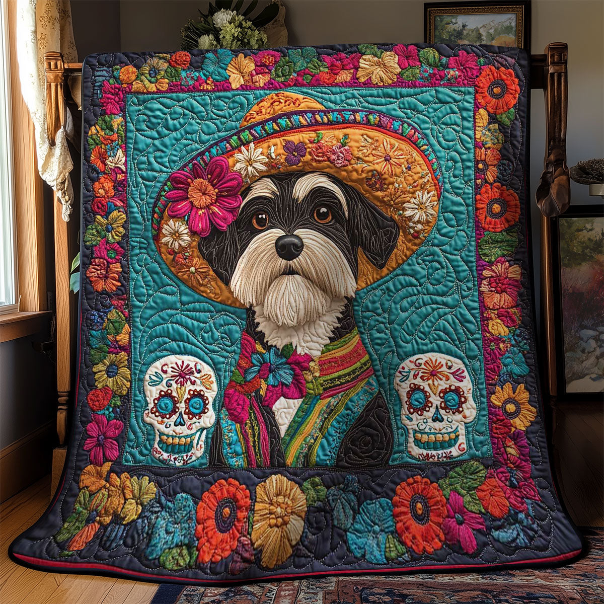 Schnauzer Sugar Skull Celebration WN0302007CL Quilt