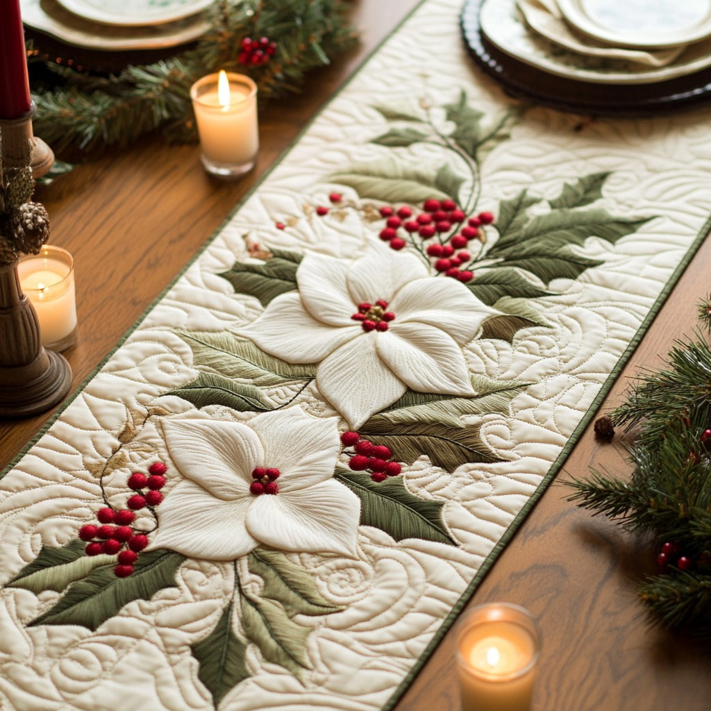 White Poinsettia XR1210014CL Quilted Table Runner