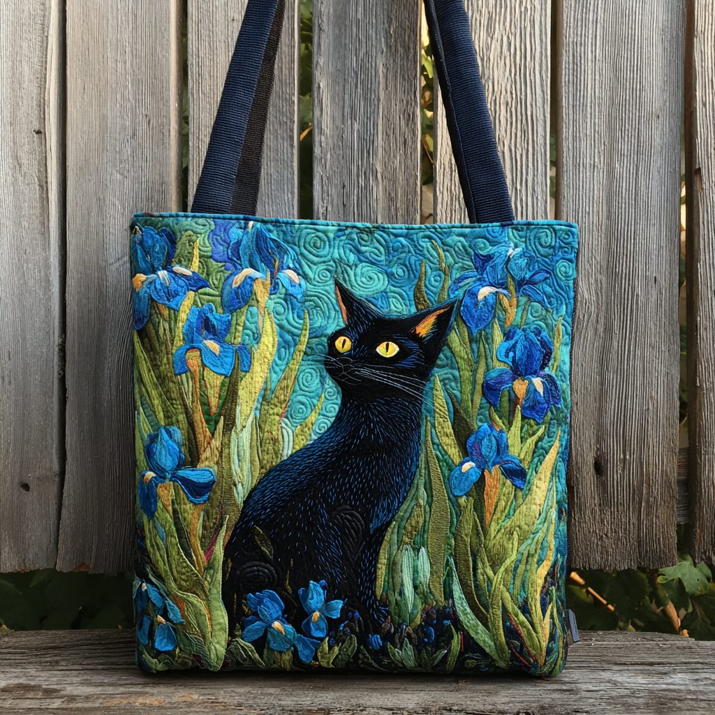Black Cat And Blue Iris XR0501002CL Quilted Tote Bag