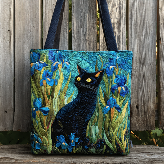 Black Cat And Blue Iris XR0501002CL Quilted Tote Bag