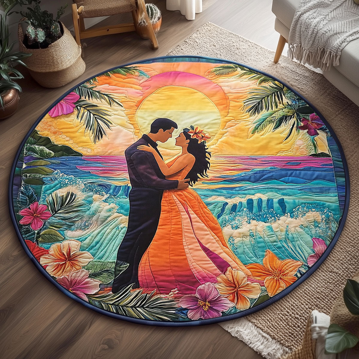 Romantic Sunset Couple WJ0507042CL Quilted Round Mat