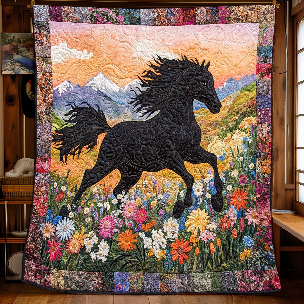 Black Horse Flower WP2001005CL Quilt