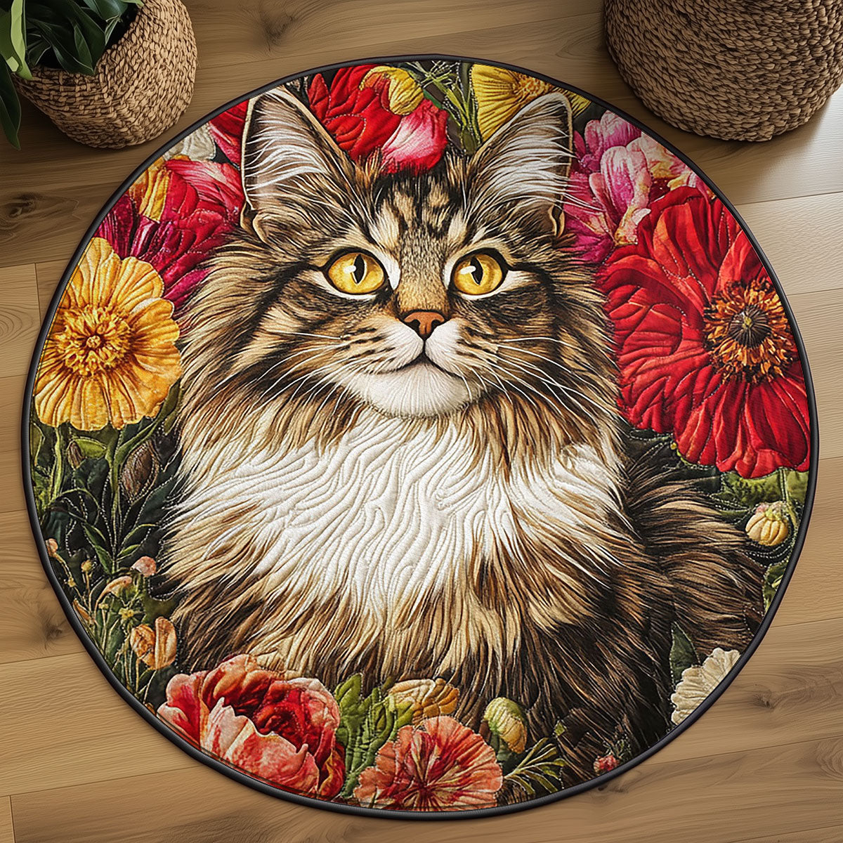 Botanical Beauty Cat WJ0907038CL Quilted Round Mat