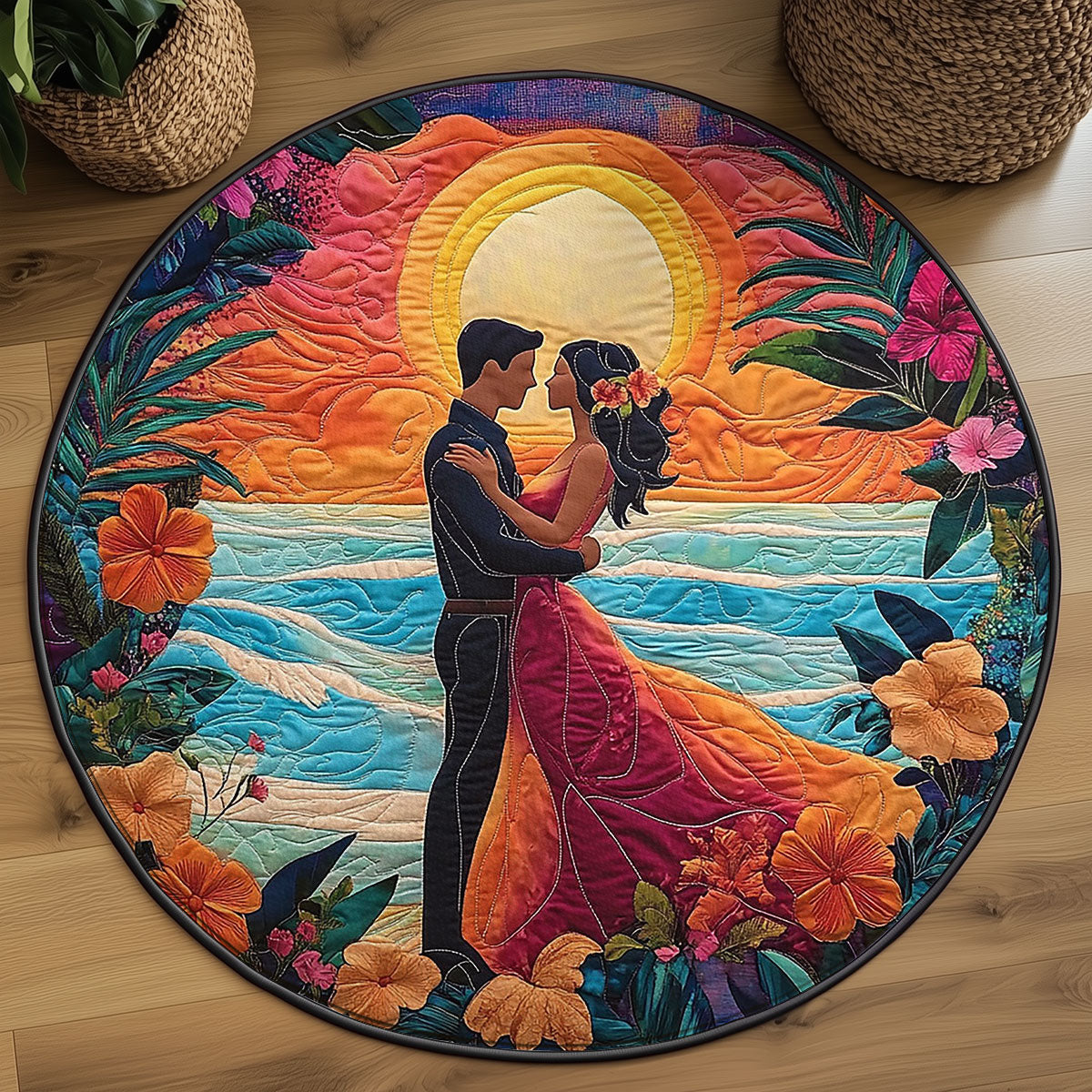 Romantic Sunset Couple WJ0307042CL Quilted Round Mat